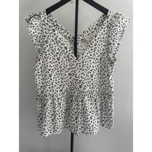 LOFT Floral Blouse Womens S Black White Peplum V Neck Cap Sleeve Boho